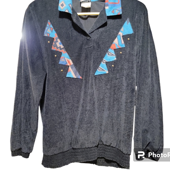 1980s Dee California S Black Aztec print womans long sleeve Oversized top - Picture 1 of 9